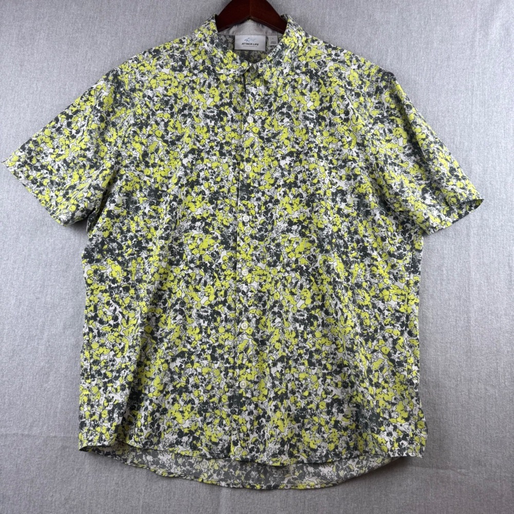Attack Life Button Up Shirt Men's Large Gray Yellow Abstract Stretch Casual